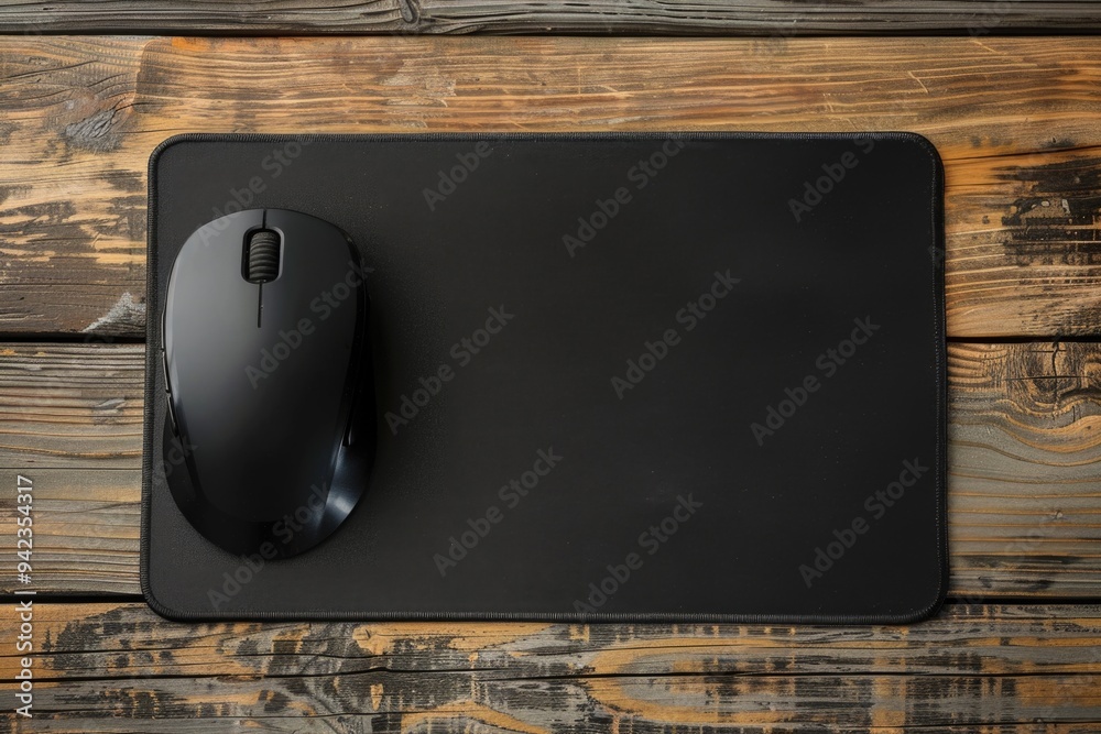 Poster a computer mouse sitting on a black mouse pad, great for tech-related designs and presentations