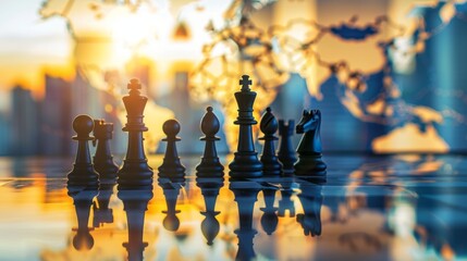 Chess pieces on a glass board, world map reflection, international business concept generative ai
