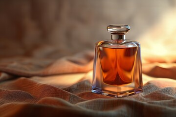 Perfume bottle on a brown fabric background, side angle, warm lighting, minimalistic composition, mockup for design.