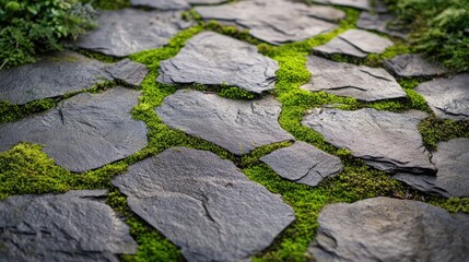 A detailed shot of moss growing between cracks in a stone pathway, offering a blend of natural resilience and man-made structure with ample copy space.