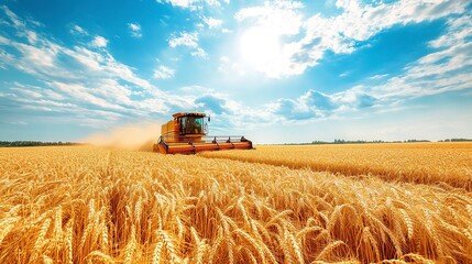 Naklejka premium A combine harvester working in a golden wheat field under a blue sky during the summer harvest 