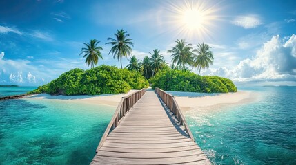 Tropical Paradise: A Wooden Bridge Leading to a Secluded Island