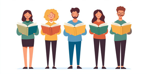 Obraz premium Group of Diverse People Reading Books Together, Illustrating Education and Literature Community