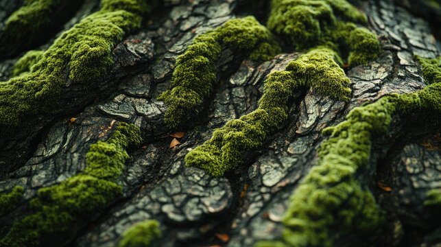A detailed shot of moss growing in the grooves of tree bark, showcasing the intricate patterns and textures with ample room for messaging.