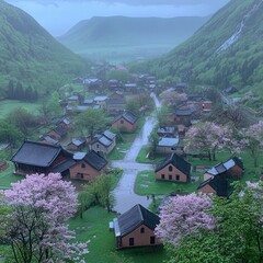 Obraz premium Serene Village Surrounded by Misty Mountains and Blossoming Trees, Capturing the Peacefulness of Rural Life and Natureâ€™s Beauty