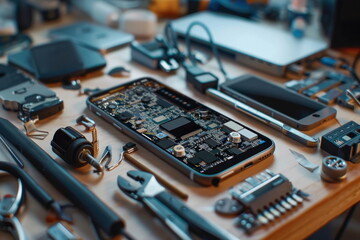 Technician repair smartphone on desk, components broken, clipping path