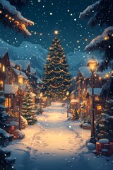 A snowy village scene with a decorated Christmas tree and cozy houses.