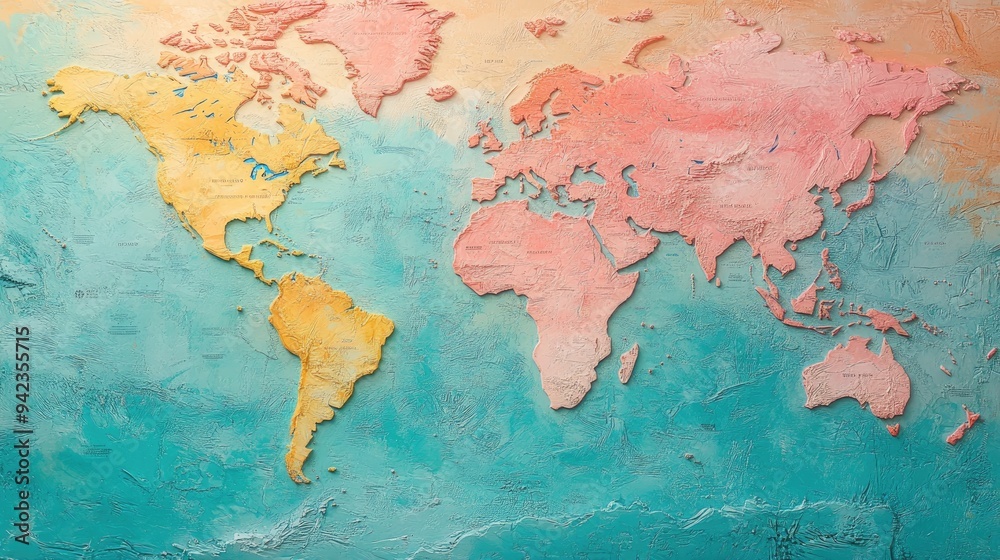 Poster a detailed world map with vibrant colors, creating a dynamic background for travel-related content. 