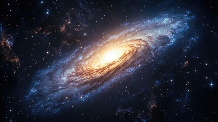 Obraz premium A distant galaxy viewed from the edge, with bright stars and swirling gases, set against a dark sky with ample space for copy.