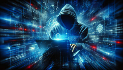 A hooded figure uses a laptop amidst digital locks and circuits, suggesting cybersecurity.