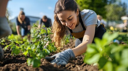 A diverse group of volunteers working in an urban garden, planting and watering, ideal for themes of community and sustainability with space for messaging.