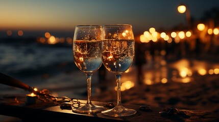 Two glasses of champagne touching each other and toasting at night New Year's party celebration on the beach