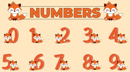 cute fox with numbers, 0,1,2,3,4,5,6,7,8,9