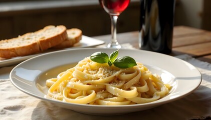 Delicious fettuccine topped with basil and cheese, paired with wine and bread. Capturing a warm Italian dining experience.