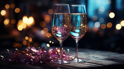 Two glasses of champagne with confetti, glitter, serpentine and lights. Night celebration concept.