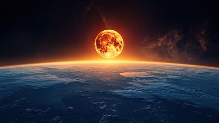 A dramatic lunar eclipse with the moon partially obscured by the Earths shadow, creating a striking visual effect with ample copy space.