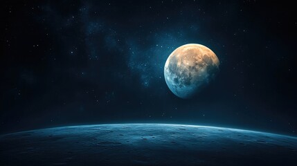 Fototapeta premium A dramatic lunar eclipse with the moon partially obscured by the Earths shadow, creating a striking visual effect with ample copy space.