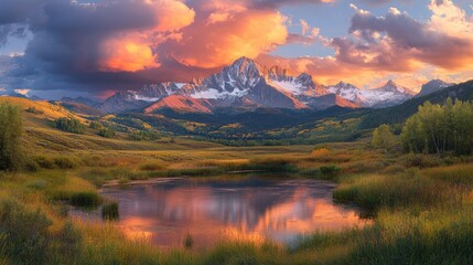 A dramatic mountain range at sunset, with colorful skies reflecting off rugged peaks, creating a stunning natural backdrop with space for text.