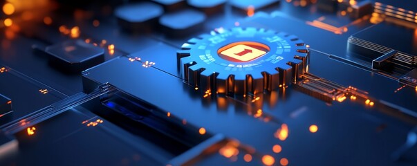Obraz premium A glowing blue gear sits atop a circuit board.