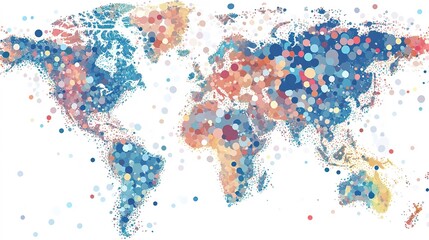 Obraz premium This photo depicts a world map with a multitude of dots, illustrating various locations across the globe, A web of globally connected remote workers