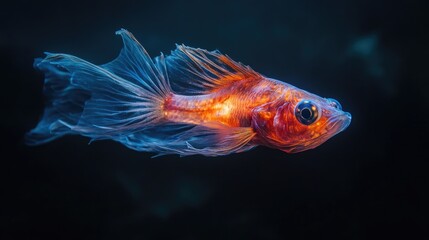 Fototapeta premium A dramatic shot of a deep-sea fish with bioluminescent features, swimming through the dark depths of the ocean with a faint glow.