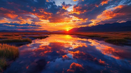 A dramatic shot of a desert sunset with scattered clouds reflecting the warm colors of the sky, creating a vibrant and colorful scene.