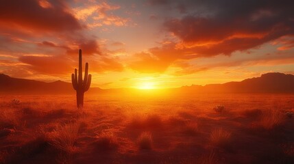Fototapeta premium A dramatic shot of a lone cactus against the backdrop of a vibrant desert sunset, with warm colors creating a striking contrast.