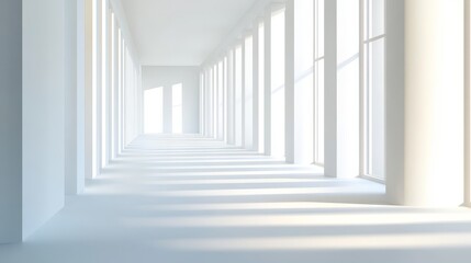 Obraz premium A minimalist hallway with bright windows leading to a bright end. The walls and floor are white, creating a clean and modern aesthetic.