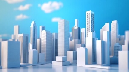 A minimalist cityscape with white buildings against a blue sky.