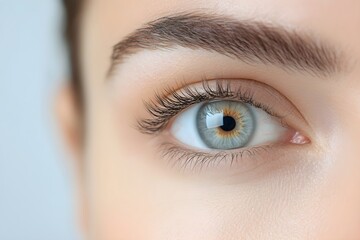 Obraz premium Woman's eyes after classic 2d volume eyelash extensions and eyebrow correction. Natural beauty. Cosmetology and skin care, makeup and cosmetic concept. Closeup. Background for banner or poster