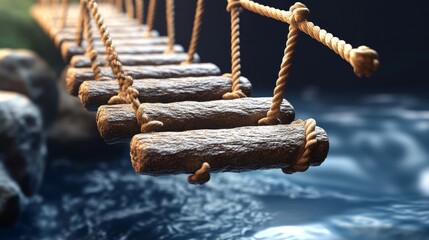 Naklejka premium A rustic rope bridge spans a rushing river, with wooden planks connecting the sides. The bridge symbolizes overcoming obstacles and reaching the other side.