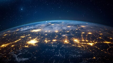 Obraz premium Illuminated Earth with network arcs, showcasing global connectivity at night.