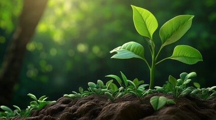 A young green plant sprout growing in rich soil, bathed in warm sunlight.  New life and growth in nature.