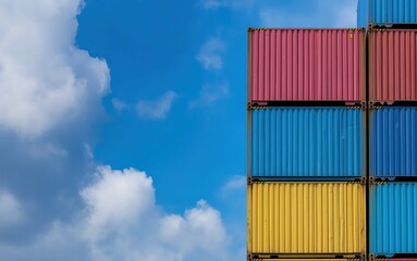 Fototapeta premium Vibrant shipping containers stacked against a bright blue sky, symbolizing global trade, logistics, and the efficiency of modern supply chains.