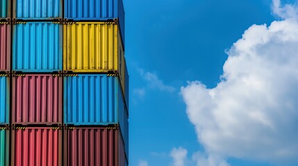 Fototapeta premium A close-up of stacked shipping containers in vibrant colors against a blue sky, representing direct-to-consumer (D2C) logistics and ecommerce distribution.