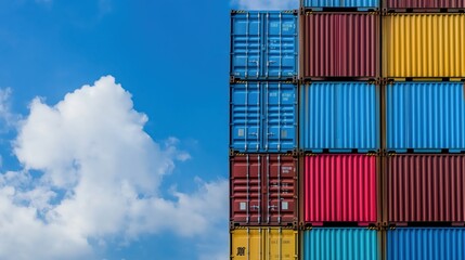 Fototapeta premium A close-up of stacked shipping containers in vibrant colors against a blue sky, representing direct-to-consumer (D2C) logistics and ecommerce distribution.