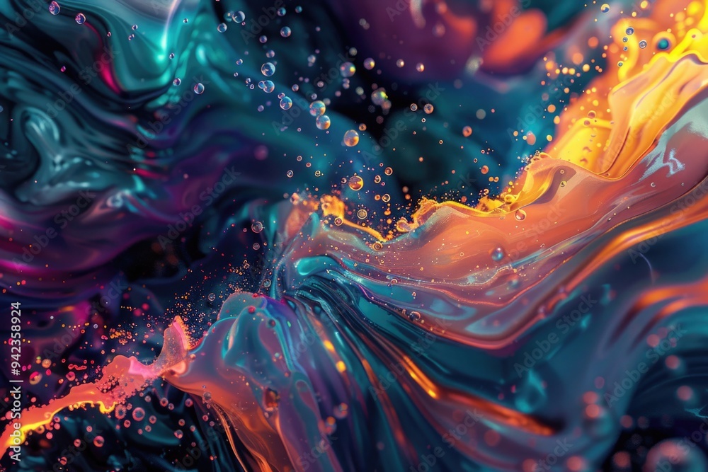Poster a detailed view of a liquid art piece on a surface, great for design and creative concepts