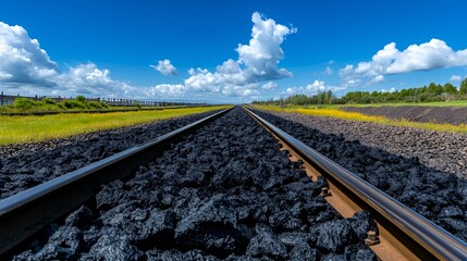 A perspective view of railway tracks stretching into the distance under a bright blue sky.