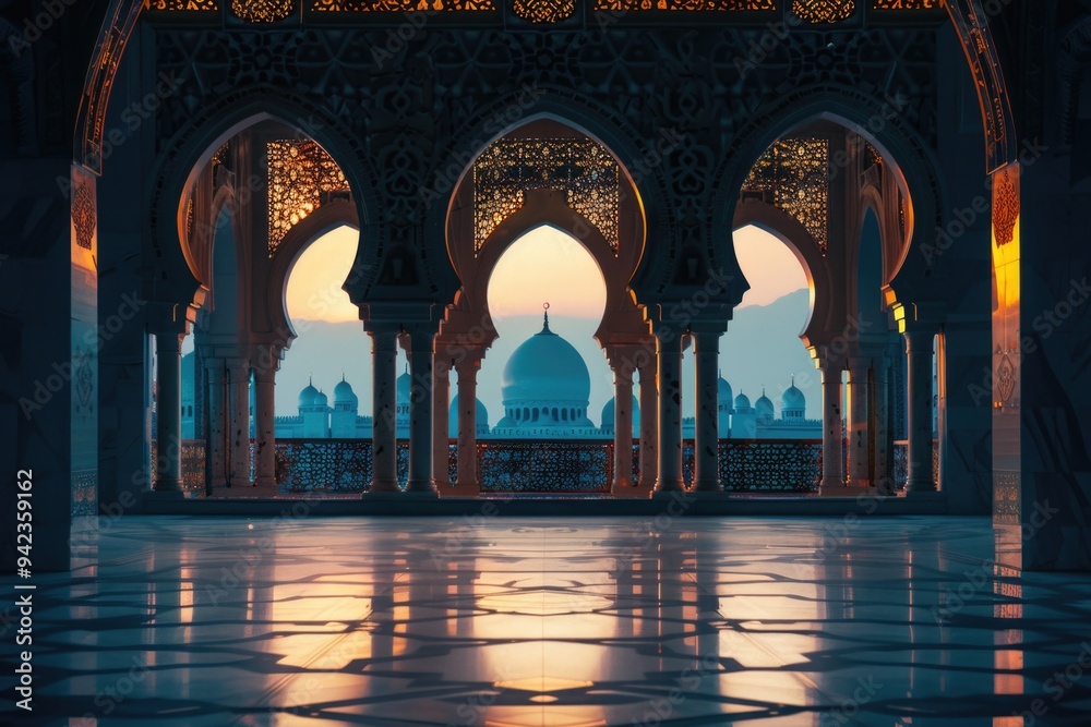 Poster interior view of a mosque from the perspective of being inside another building