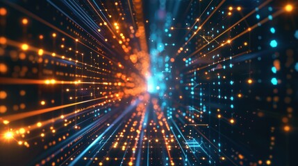 Naklejka premium Digital Network, Orange and Blue Lights Abstract