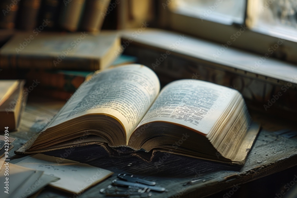 Poster A classic scene of learning and knowledge with an open book resting on a wooden table