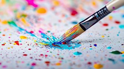 Obraz premium A vibrant close-up of a paintbrush creating colorful paint strokes on a white canvas.