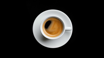 Minimalist top view of a white cup filled with black coffee against a stark black background.