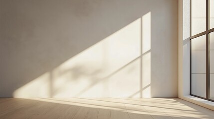 Fototapeta premium Minimalist empty room with soft natural light casting shadows from a window onto the wooden floor and wall.