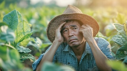 Unsuccessful Asian farmer working in tobacco field feeling ill and exhausted due to headaches Agricultural business idea