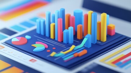 Obraz premium Colorful 3D bar graphs and pie charts on a financial report.