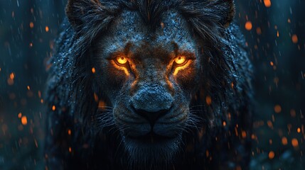 Naklejka premium A dramatic night forest setting isolates a wild lion in this intense 3D rendering.