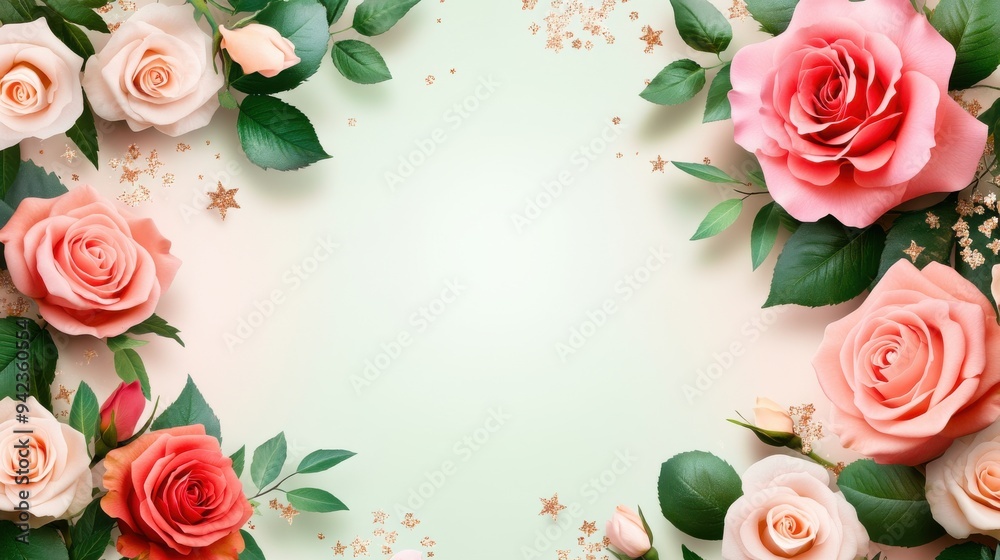 Wall mural pink roses with green leaves and gold glitter on green background