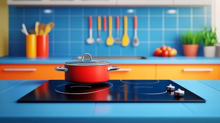 Red pot on a black stovetop in a colorful kitchen with blue tile backsplash.
