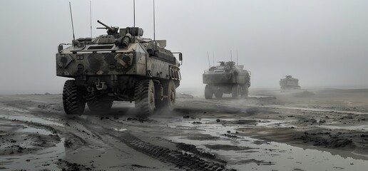 A highly detailed photo of an armored vehicle, with two other vehicles in the background, symbolizing strength and protection. 